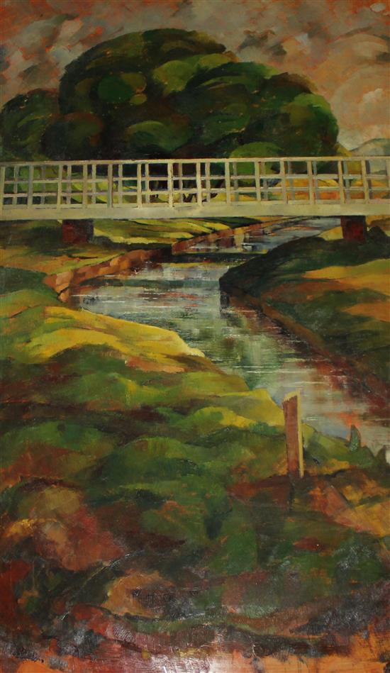 Painting of a bridge over a river, oil on board unsigned